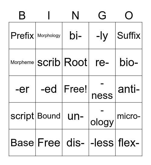 Morphology Bingo Card
