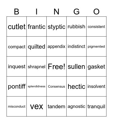 Closed Syllable Bingo Card