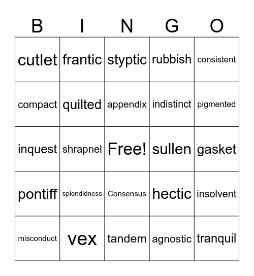 Closed Syllable Bingo Card