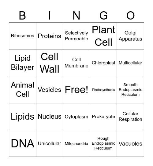Cell Structure Bingo Card