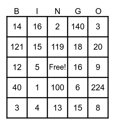 Math Bingo Card