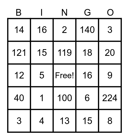 Math Bingo Card