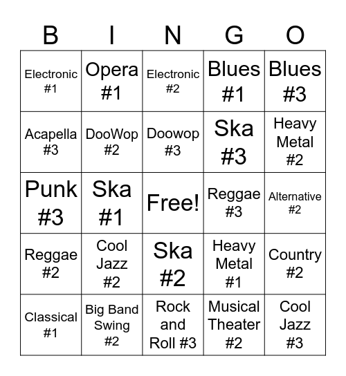 Music Genres Bingo Card