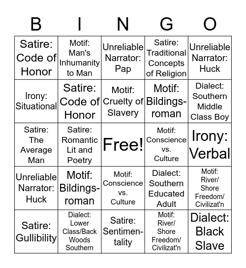 Huck Finn Bingo Card