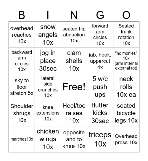 Exercise Bingo! Bingo Card