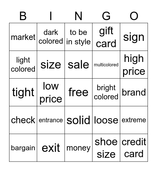 Clothing Shopping Bingo Card