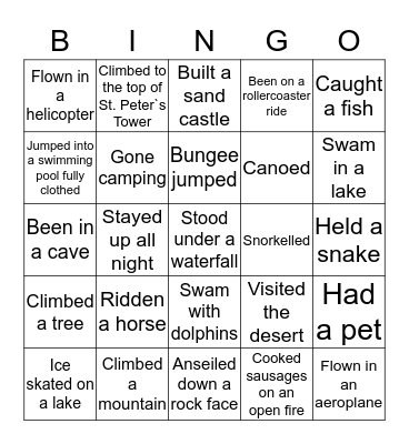 Life Experiences Bingo Card