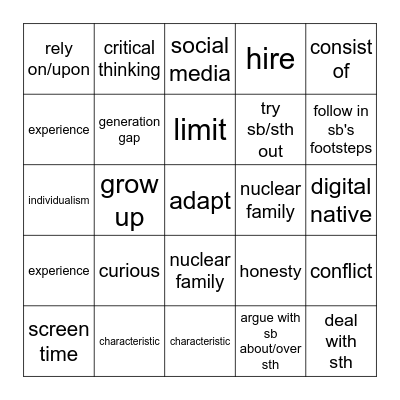 Unit 2: Generation gap Bingo Card