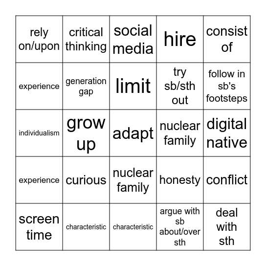 Unit 2: Generation gap Bingo Card