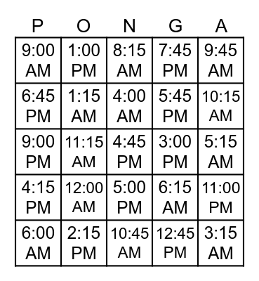 TIME TIME TIME Bingo Card