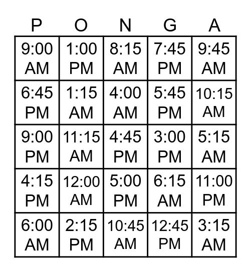 TIME TIME TIME Bingo Card
