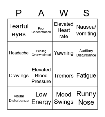 PAWS and Withdraws Bingo Card