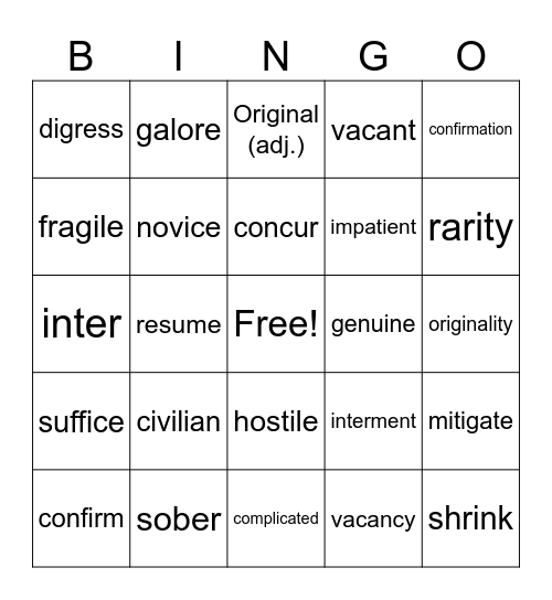 Learning New Words From the Context P1 Bingo Card