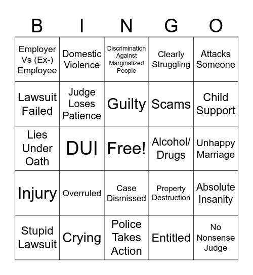 Crazy Courtroom Moments Bingo Card