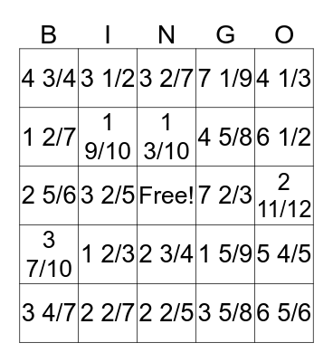Mixed Numbers and Improper Fractions Bingo Card