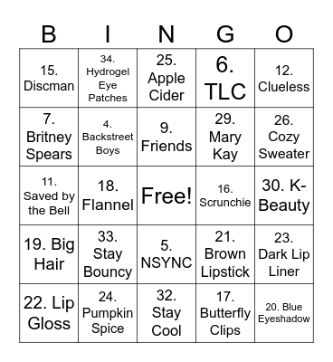 Club Pink: Throwback Bingo Card