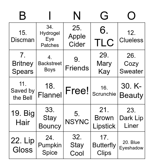 Club Pink: Throwback Bingo Card