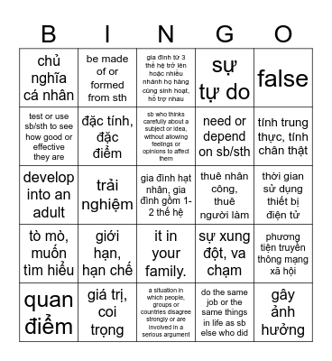 Unit 2: Generation gap definition Bingo Card