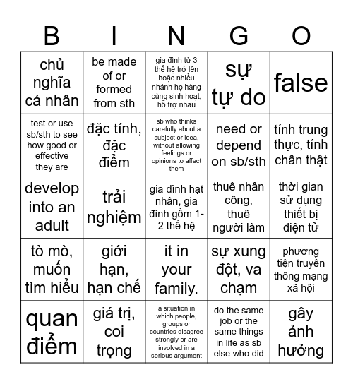 Unit 2: Generation gap definition Bingo Card
