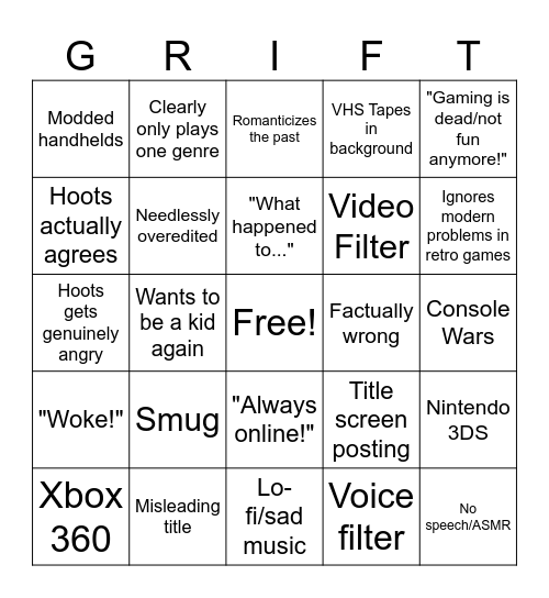 Gaming Nostalgiaslop Bingo Card