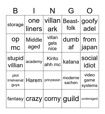 Isekai Bingo Card