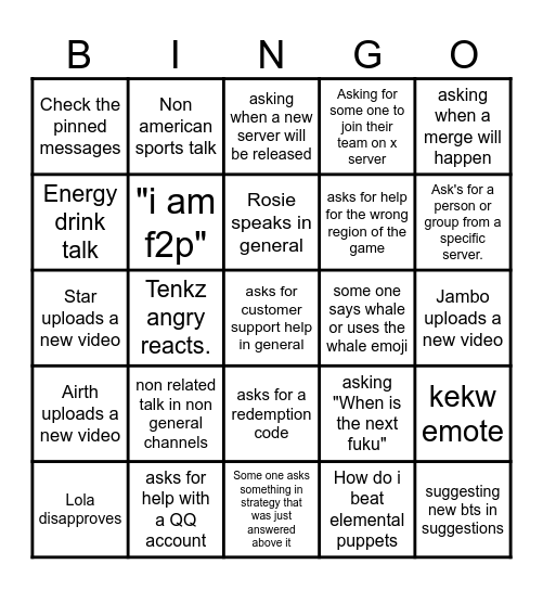 Naruto online Discord Bingo Card