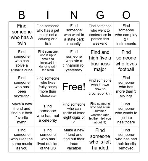 Get to know you Bingo Card