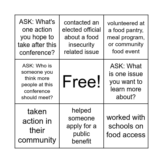 Hungry For Action Bingo Card