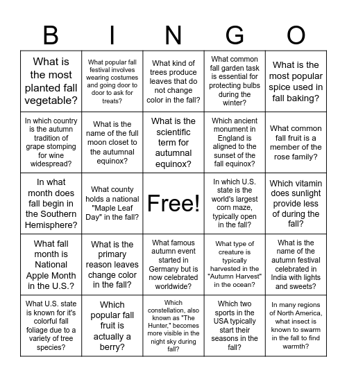 FALL TRIVIA Bingo Card