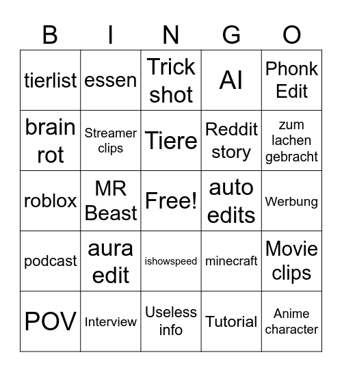 YT Shorts Bingo Card