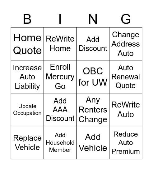 Policy Services BING Bingo Card