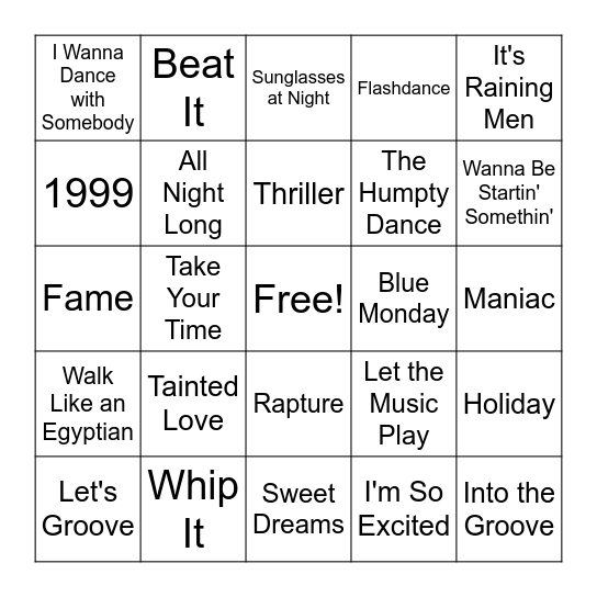 80's Dance Party Bingo Card