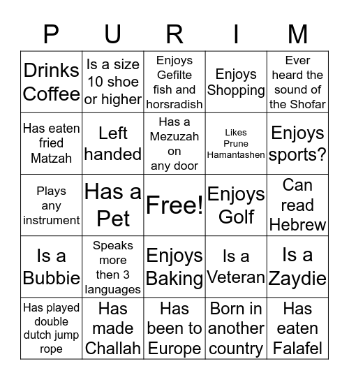 Purim Bingo Card