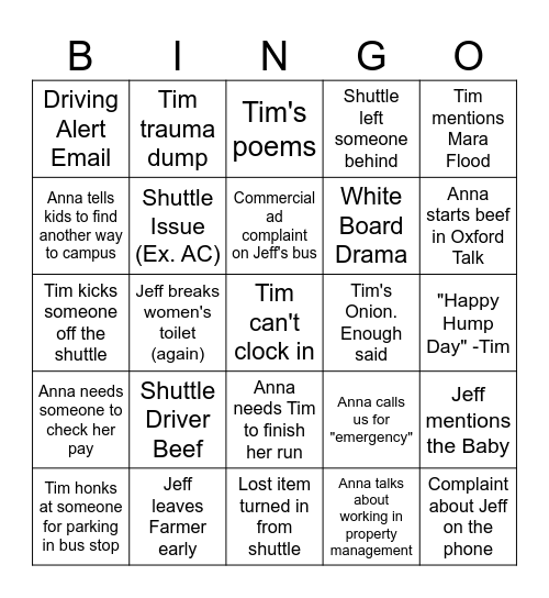 Shuttle Driver Bingo Card