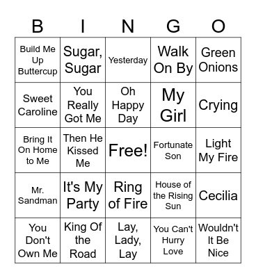 1960's Music Bingo Card