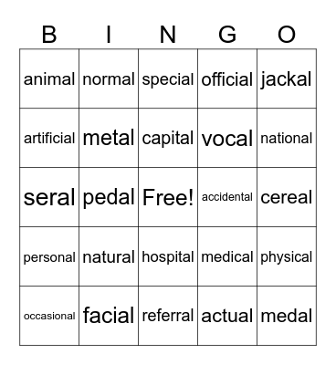 words ending in al Bingo Card