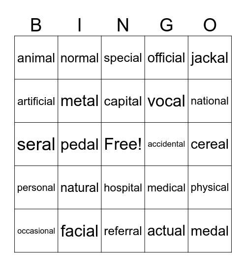 words ending in al Bingo Card