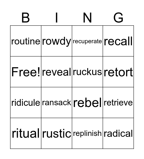 R Vocabulary Bingo Card