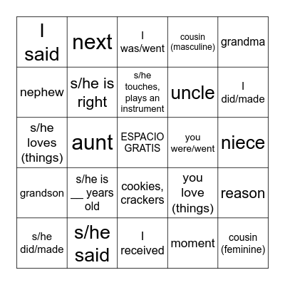 Somos 1.16 Vocab D1-3 Bingo Card
