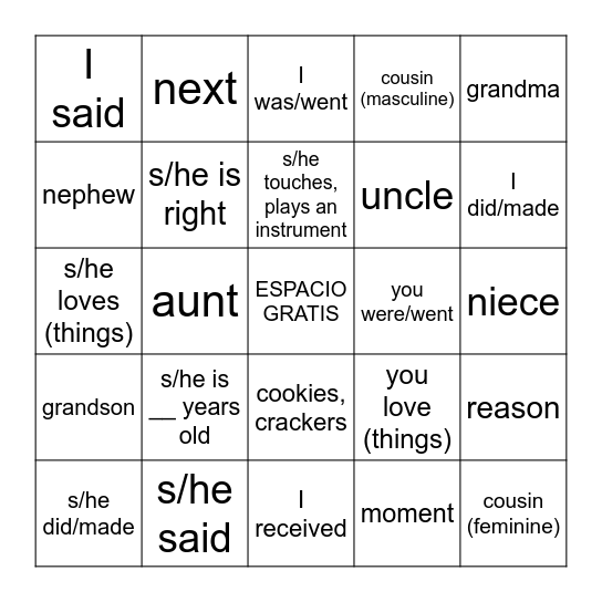Somos 1.16 Vocab D1-3 Bingo Card