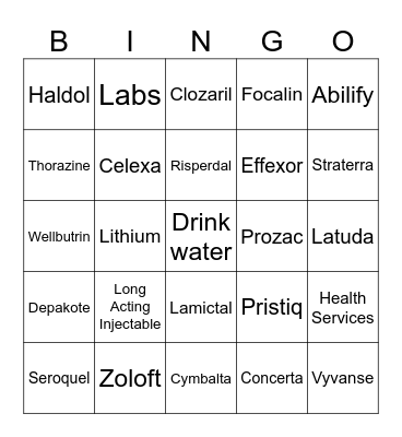 Psychiatric Medication Bingo Card