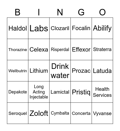 Psychiatric Medication Bingo Card