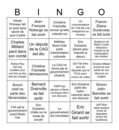 Soirée Électorale Québec 2026 Bingo Card