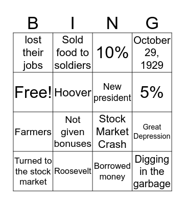 Great Depression Bingo Card