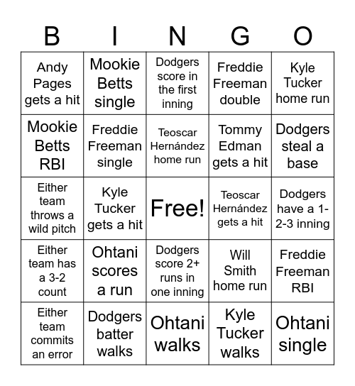 Dodgers Bingo Card