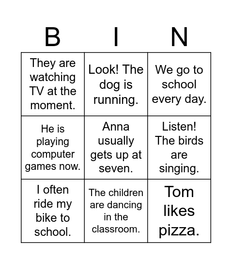 Present Simple and Present Continuous Bingo Card