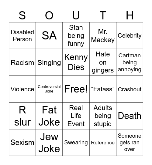 South Park bingo Card