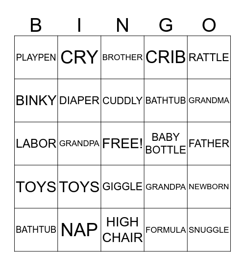 Christy's Baby Bingo Card