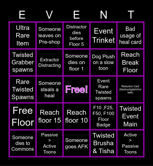 Dandy's World Bingo Card
