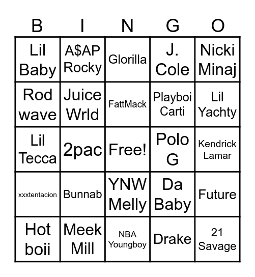 Rap Music Bingo Card